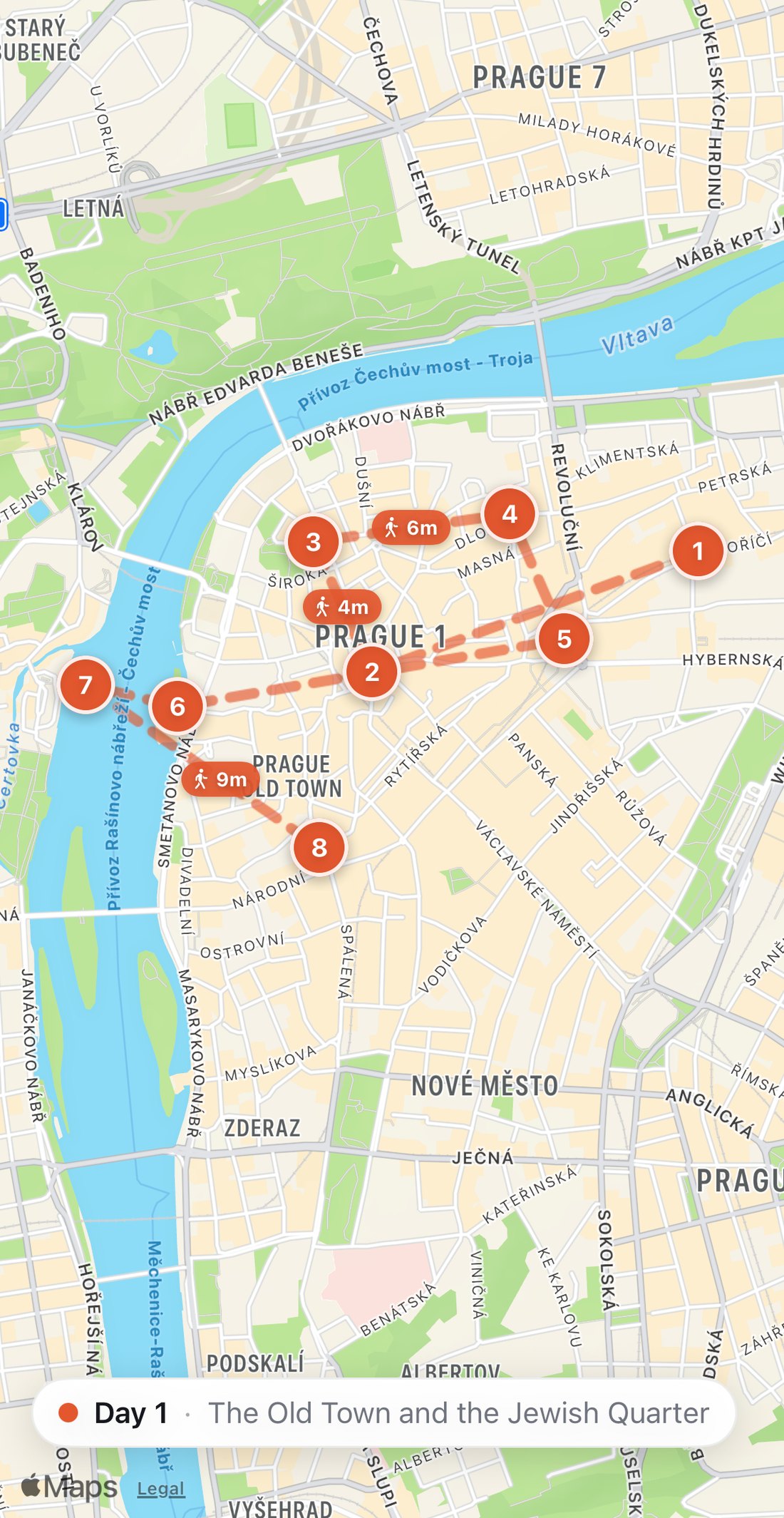 Bilbo's map of Day 1 in Prague: eight numbered orange stops on a walking route, from Café Imperial to U Medvídků.
