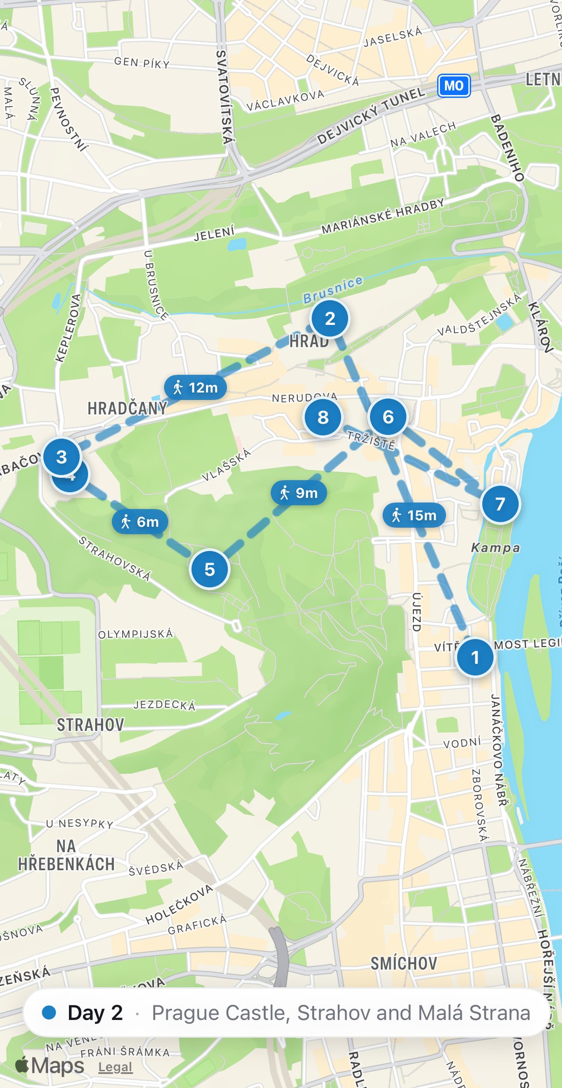 Bilbo's map of Day 2 in Prague: eight numbered blue stops on a walking route, from Café Savoy to Baráčnická rychta.