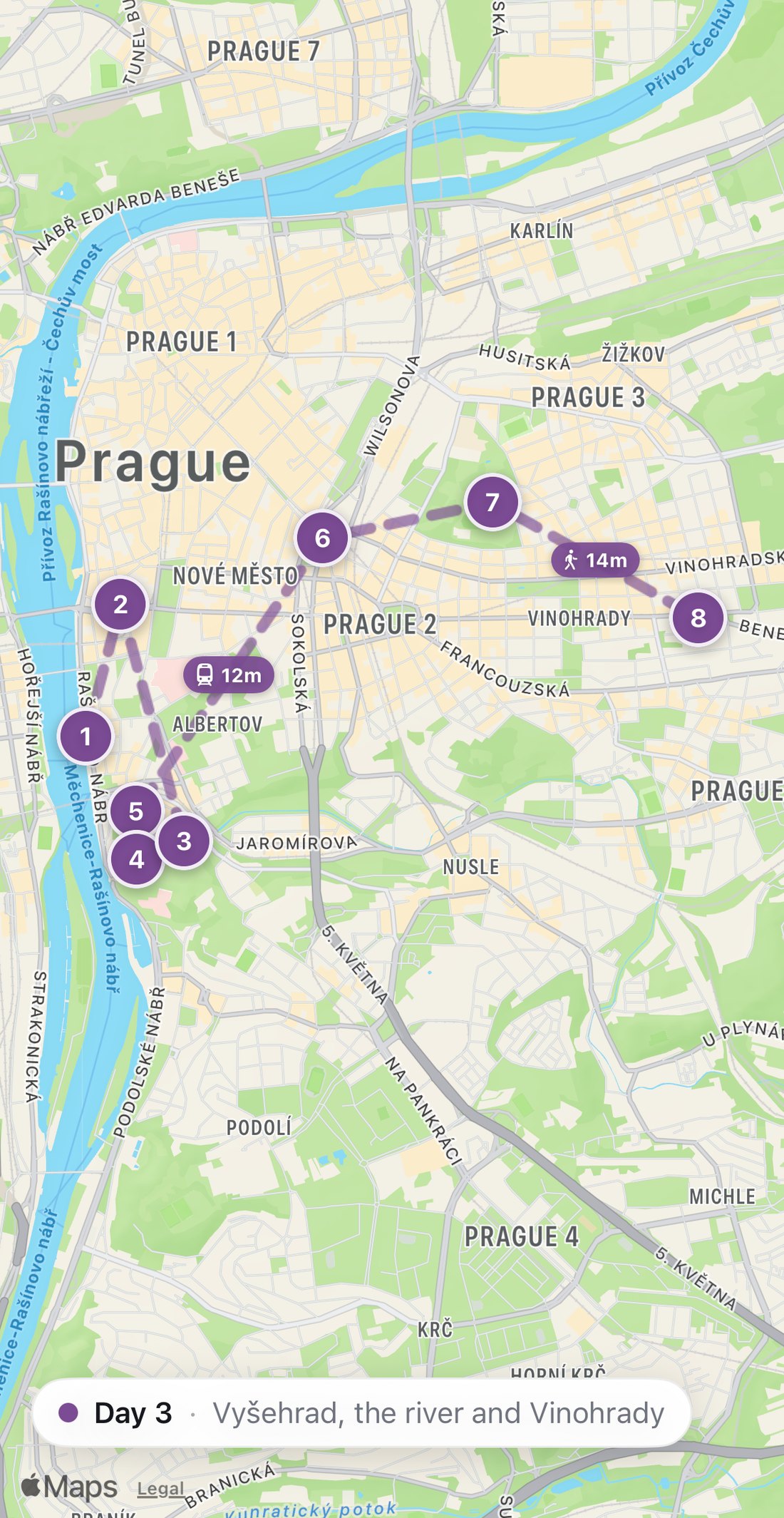 Bilbo's map of Day 3 in Prague: eight numbered purple stops on a route along the river and up to Vinohrady, from Náplavka farmers' market to Vinohradský pivovar.