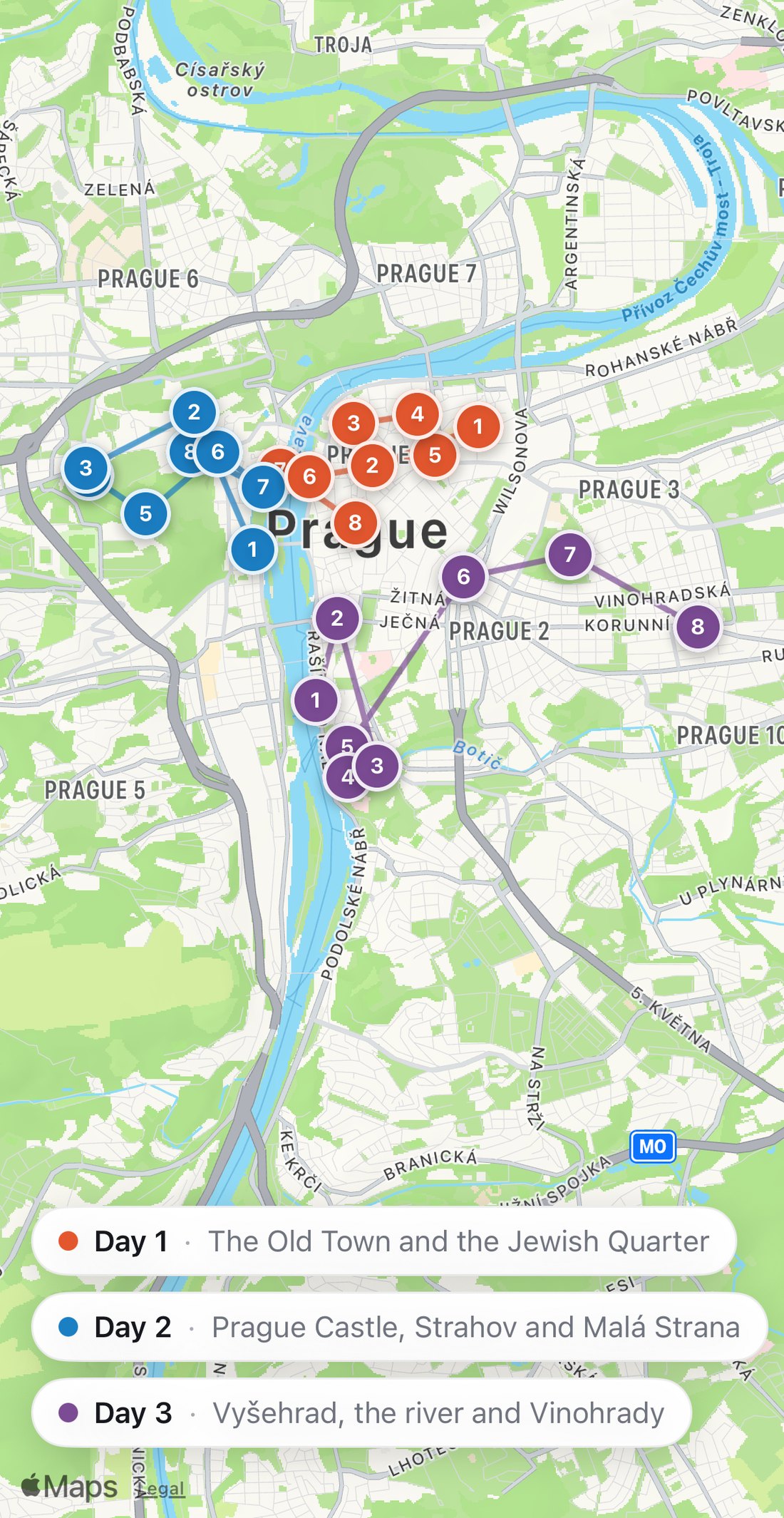Bilbo's map of Prague with the three days drawn as colored routes: Day 1 in orange, Day 2 in blue, Day 3 in purple.