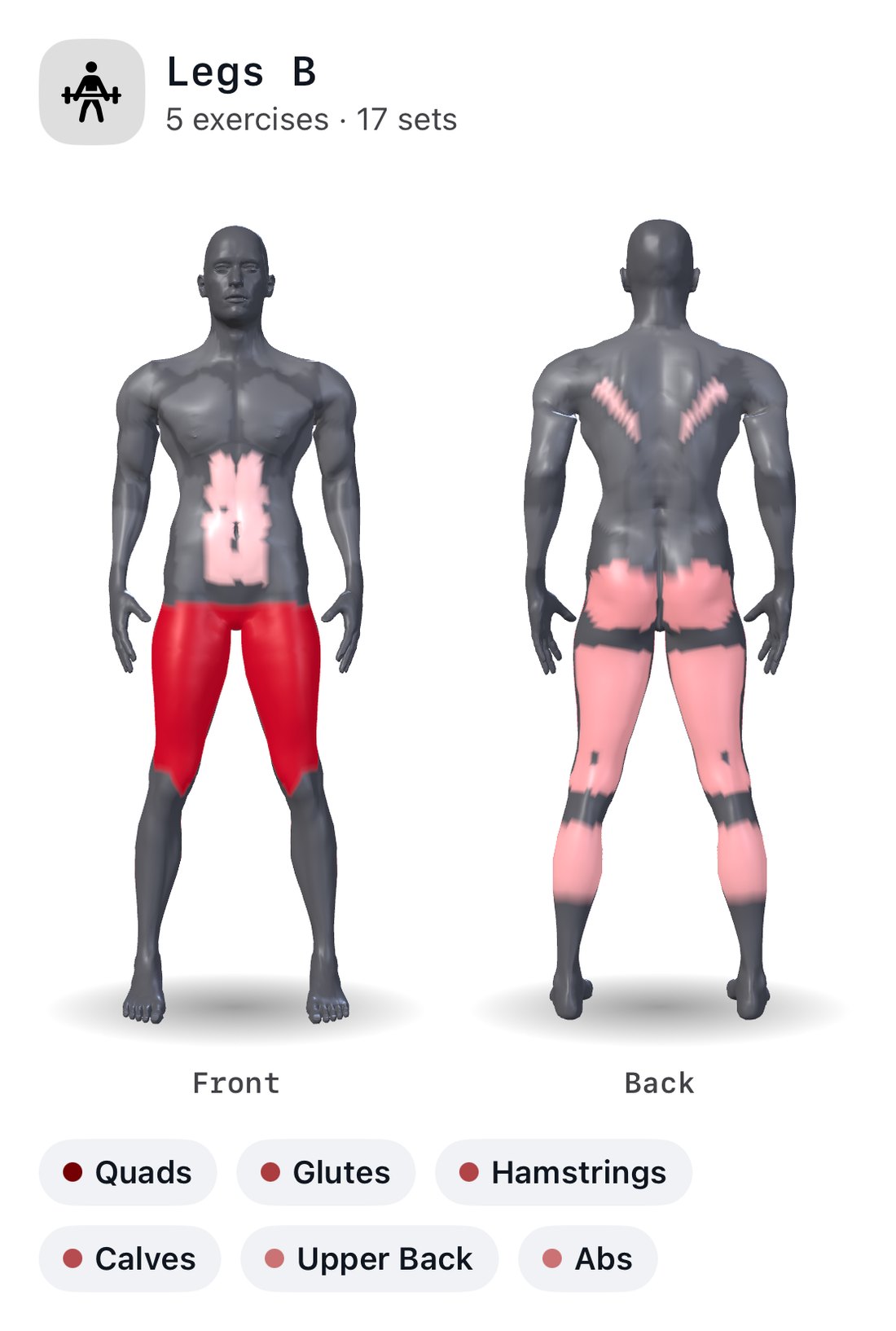 Cinder's muscle map for Legs B, a 3D body seen from the front and the back; shaded deepest red: quads; lighter: glutes, hamstrings and calves; palest: upper back and abs. Everything else stays grey.
