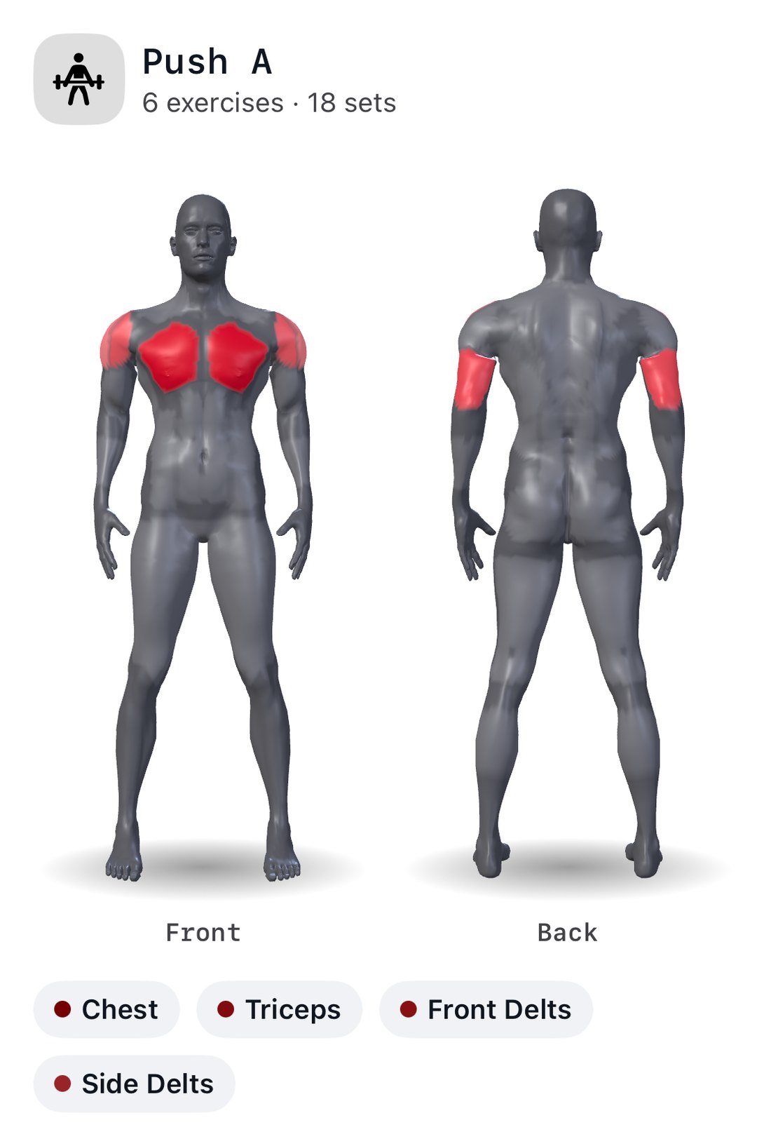 Cinder's muscle map for Push A, a 3D body seen from the front and the back; shaded deepest red: chest, triceps and front delts; lighter: side delts. Everything else stays grey.