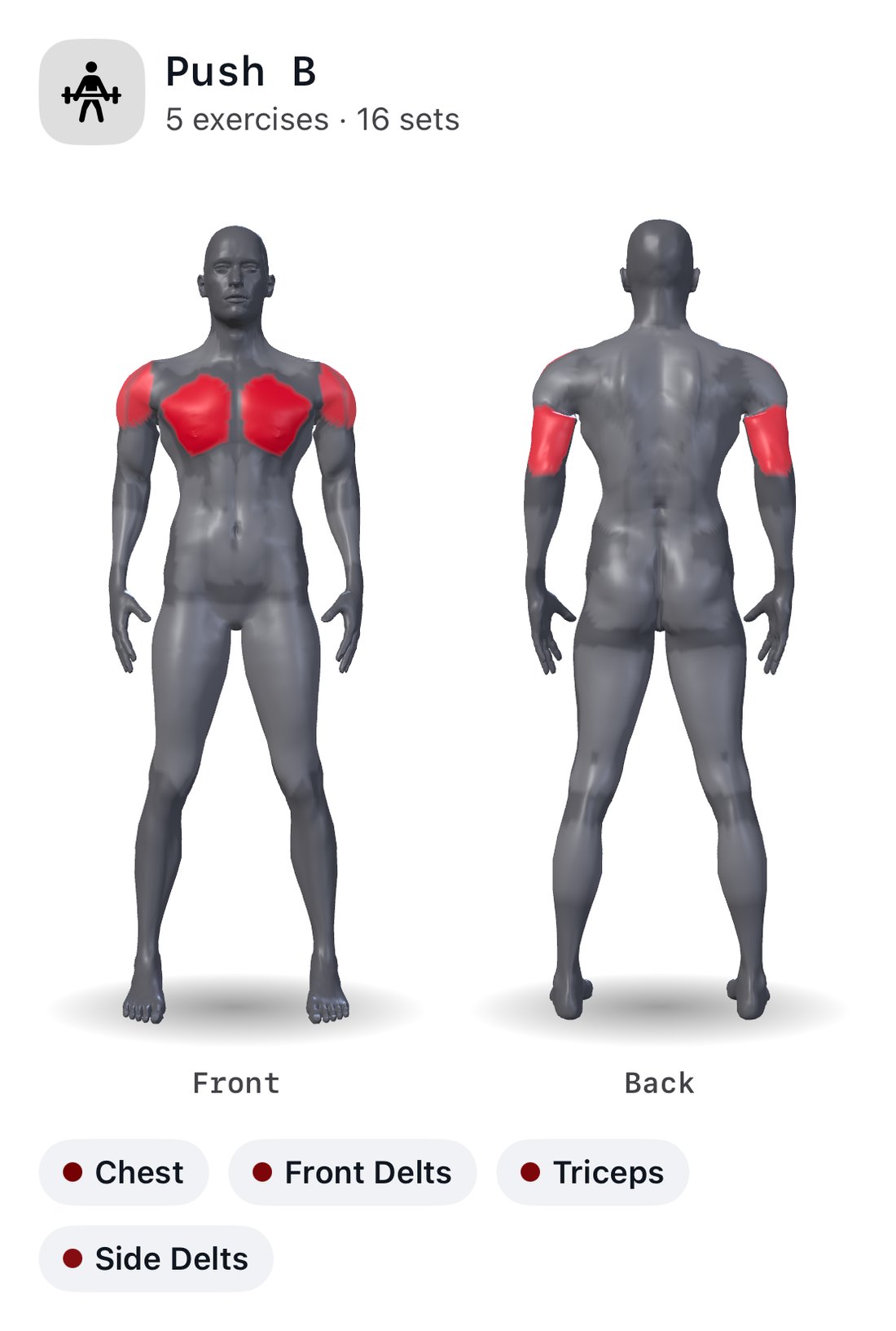 Cinder's muscle map for Push B, a 3D body seen from the front and the back; shaded deepest red: chest, front delts, triceps and side delts. Everything else stays grey.