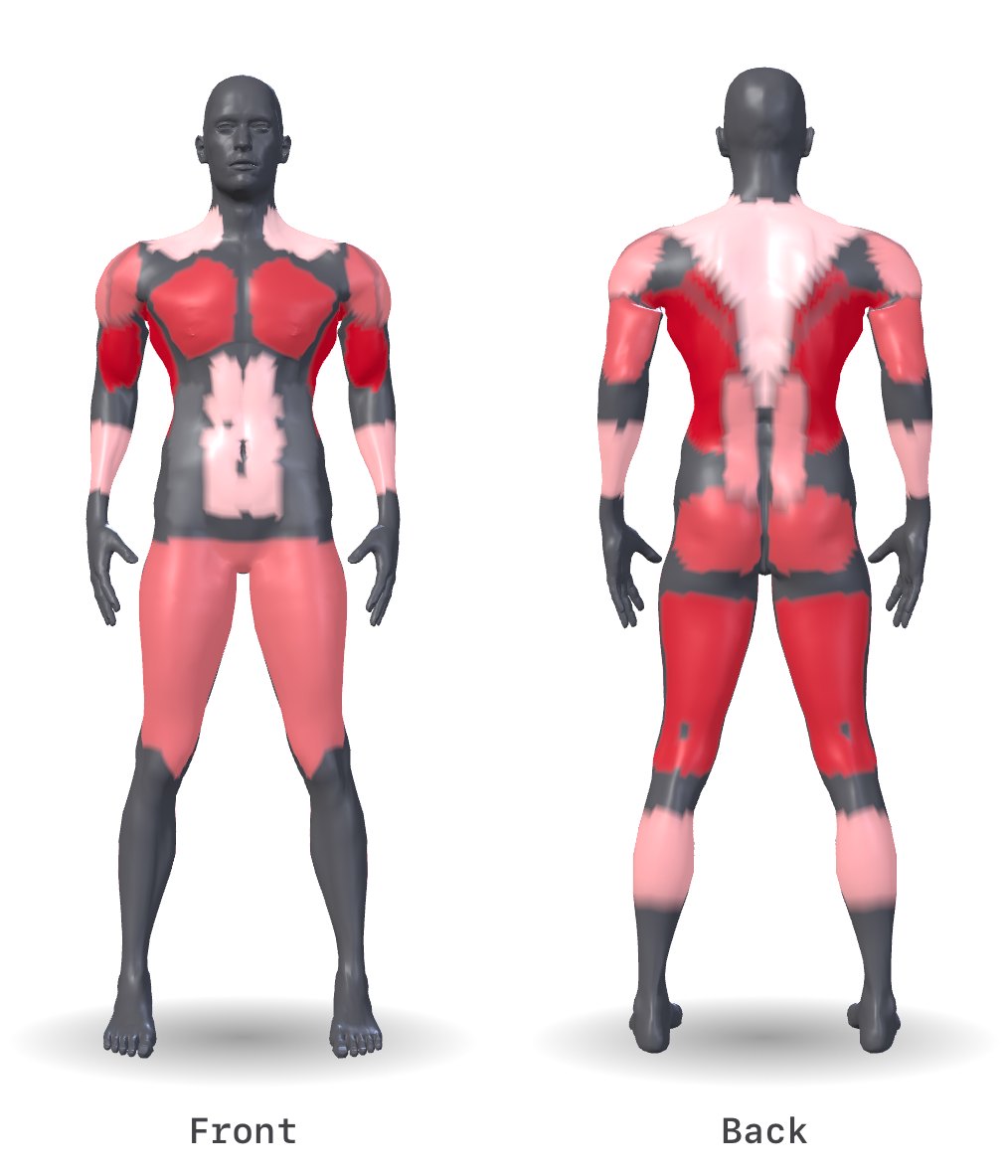 Cinder's muscle map for the whole week at 3 days a week, a 3D body seen from the front and the back; shaded deepest red: biceps, lats, upper back, hamstrings, chest, glutes, triceps and front delts; lighter: quads, side delts, lower back, rear delts and calves; palest: forearms, abs and traps. Everything else stays grey.