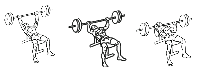 Line drawing of the bench press, in 3 steps from start to finish