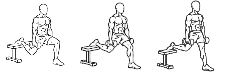 Line drawing of the bulgarian split squat, in 3 steps from start to finish