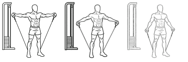 Line drawing of the cable lateral raise, in 3 steps from start to finish
