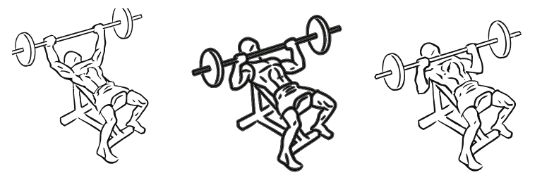 Line drawing of the incline bench press, in 3 steps from start to finish