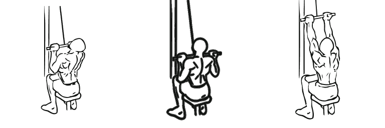Line drawing of the lat pulldown, in 3 steps from start to finish