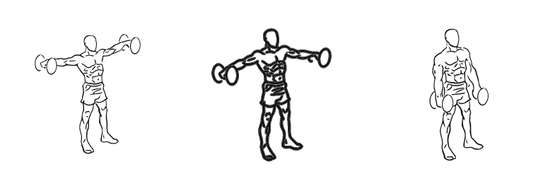 Line drawing of the lateral raise, in 3 steps from start to finish