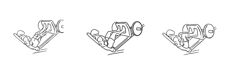 Line drawing of the leg press, in 3 steps from start to finish