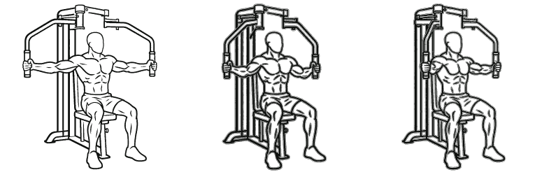 Line drawing of the reverse pec deck, in 3 steps from start to finish