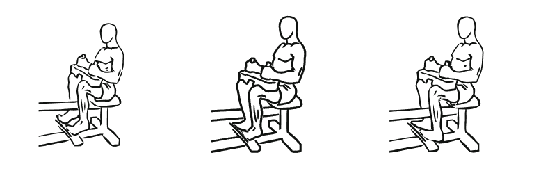 Line drawing of the seated calf raise, in 3 steps from start to finish