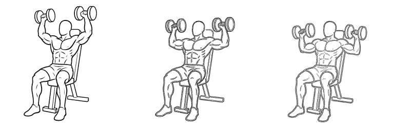 Line drawing of the dumbbell seated shoulder press, in 3 steps from start to finish