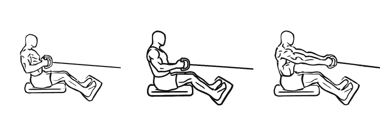Line drawing of the seated cable row, in 3 steps from start to finish