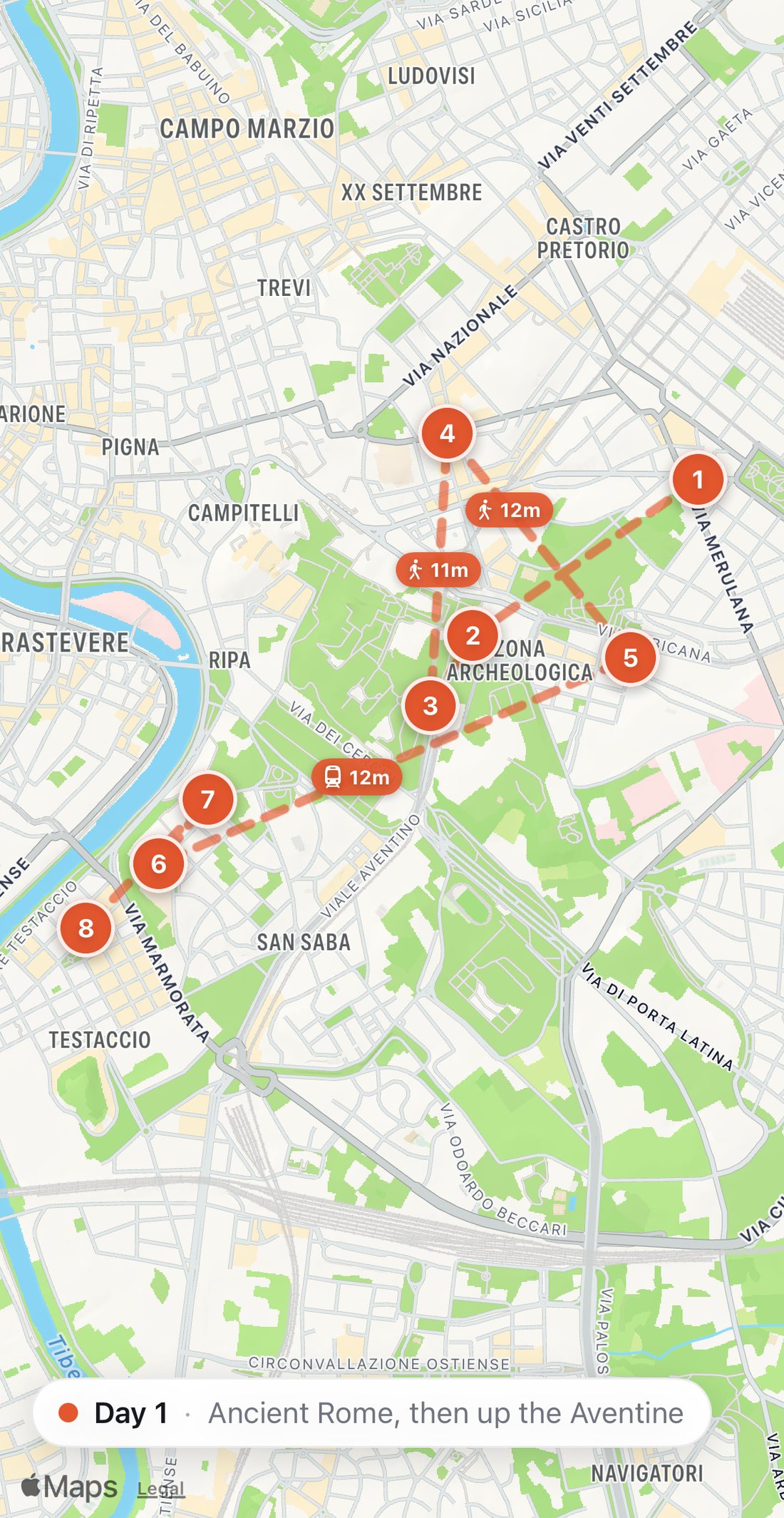 Bilbo's map of Day 1 in Rome: eight numbered orange stops on a walking route, from Pasticceria Regoli to Pizzeria da Remo.