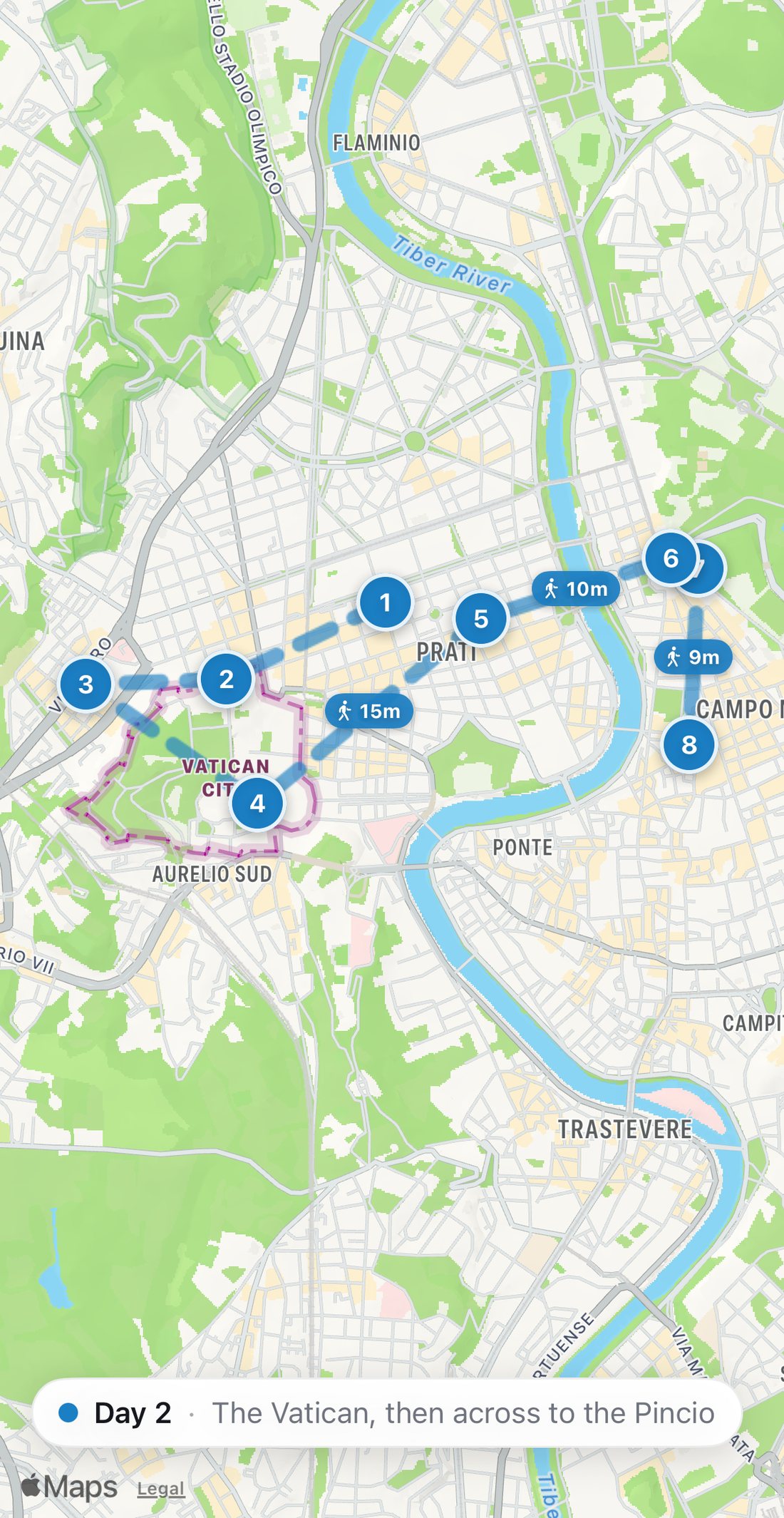 Bilbo's map of Day 2 in Rome: eight numbered blue stops on a walking route, from Sciascia Caffè 1919 to Settimio all'Arancio.