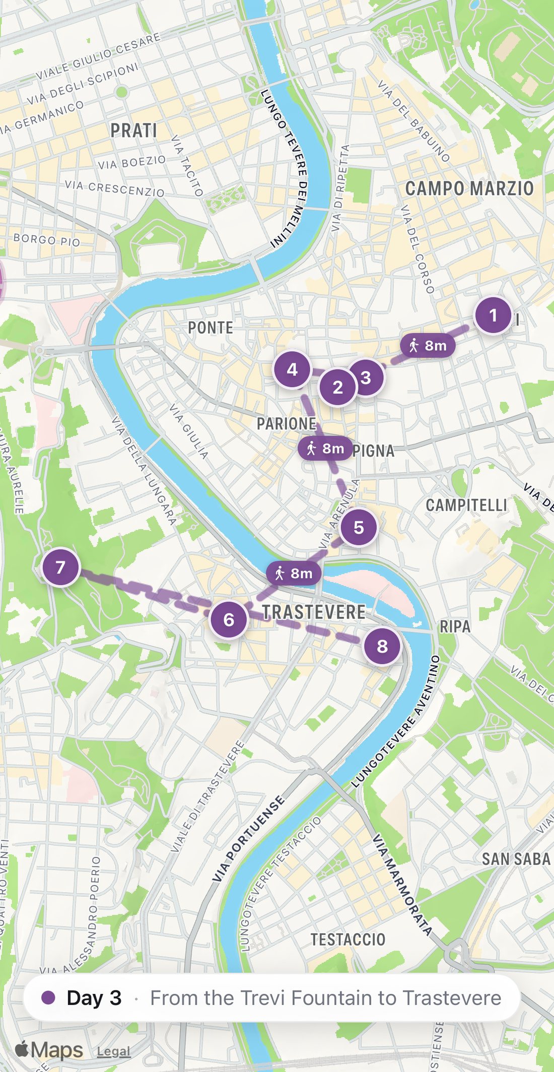 Bilbo's map of Day 3 in Rome: eight numbered purple stops on a walking route, from The Trevi Fountain before the crowds to Da Teo.
