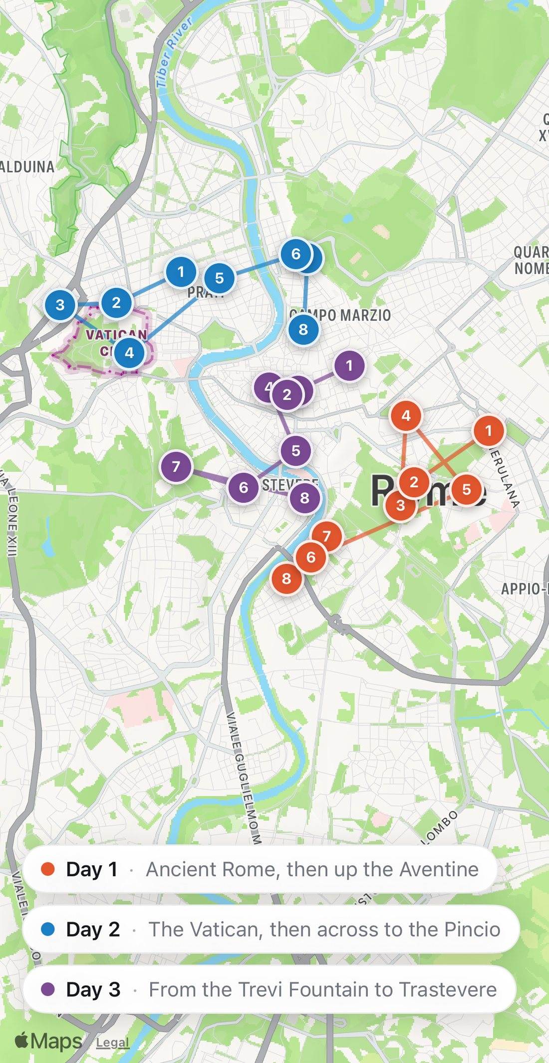 Bilbo's map of Rome with the three days drawn as colored routes: Day 1 in orange, Day 2 in blue, Day 3 in purple.