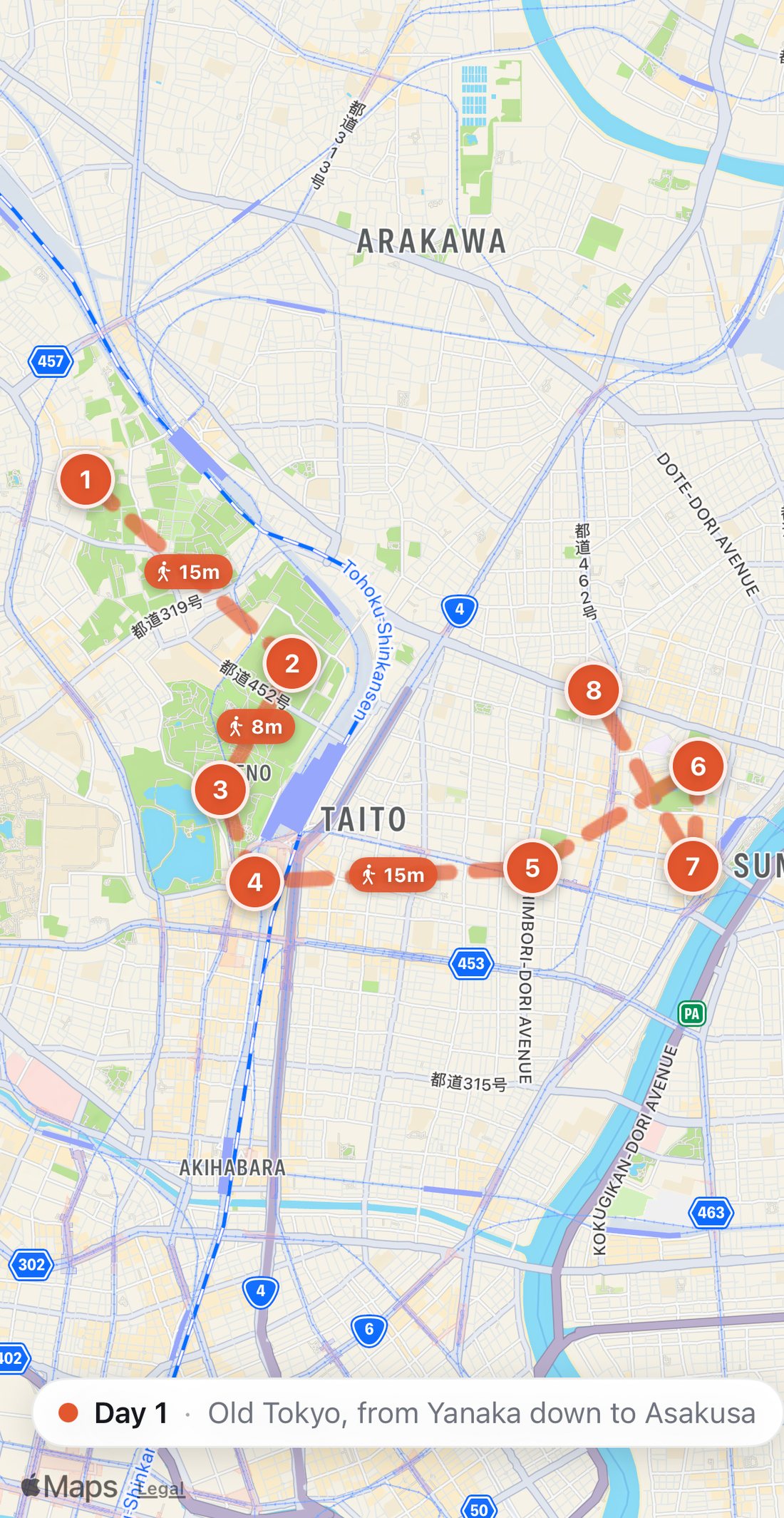 Bilbo's map of Day 1 in Tokyo: eight numbered orange stops on a walking route, from Breakfast at HAGISO to Dinner at Otafuku.