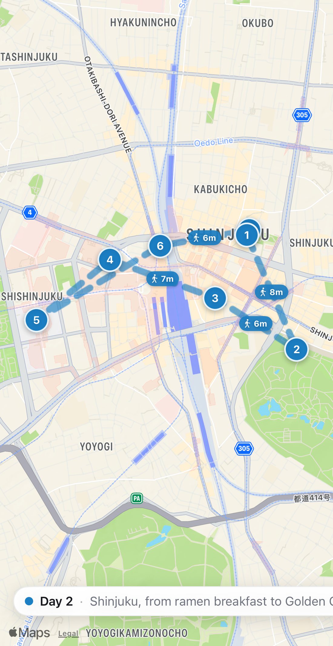 Bilbo's map of Day 2 in Tokyo: seven numbered blue stops on a walking route, from Ramen breakfast at Nagi, Golden Gai to Drinks in Golden Gai.