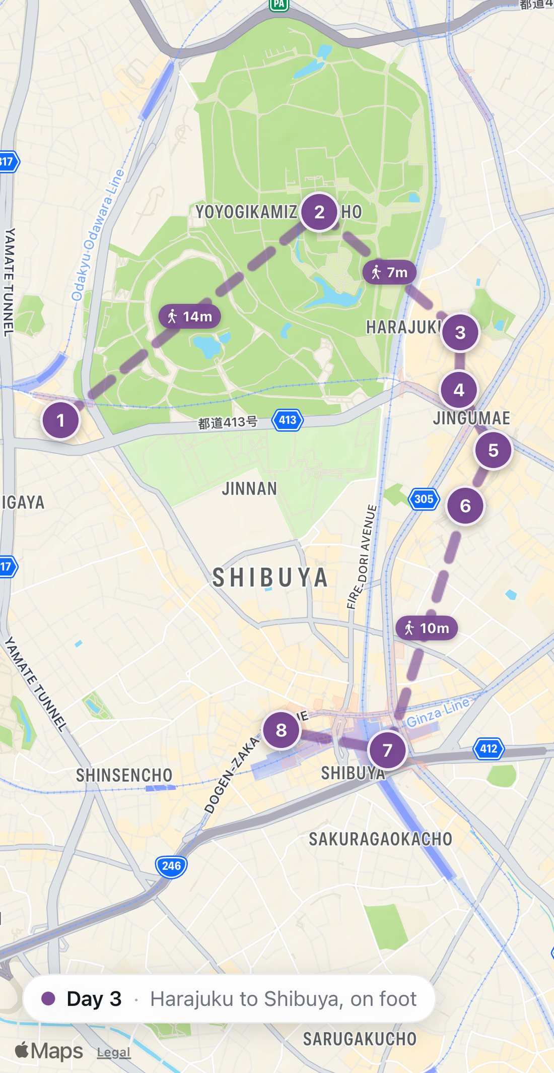 Bilbo's map of Day 3 in Tokyo: eight numbered purple stops on a walking route, from Breakfast at PATH to Standing sushi at Uogashi Nihon-ichi.