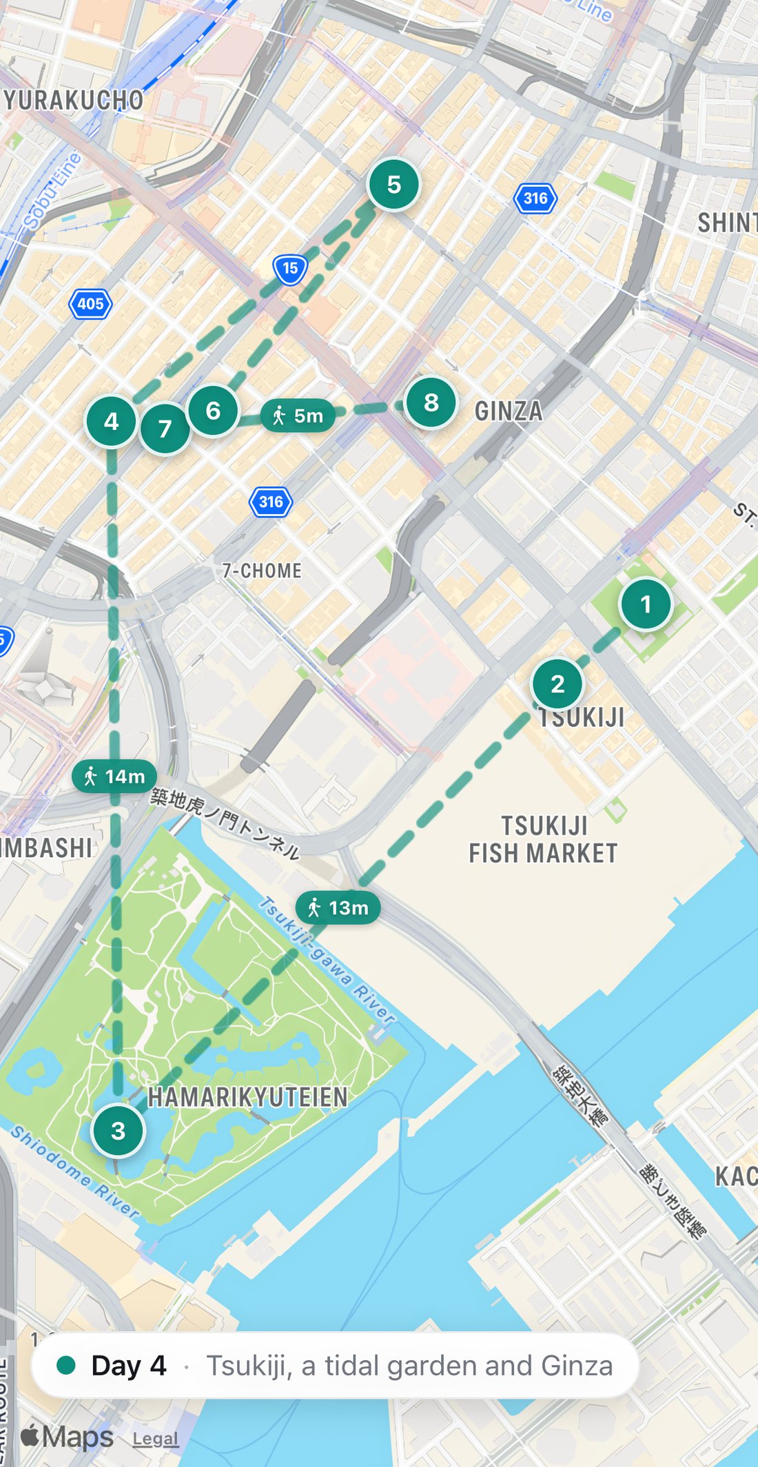 Bilbo's map of Day 4 in Tokyo: eight numbered teal stops on a walking route, from The 18-dish breakfast at Tsukiji Hongwanji to One act at the Kabuki-za.
