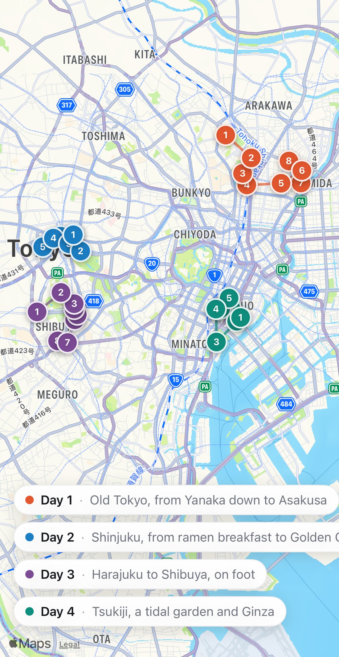 Bilbo's map of Tokyo with the four days drawn as colored routes: Day 1 in orange, Day 2 in blue, Day 3 in purple, Day 4 in teal.