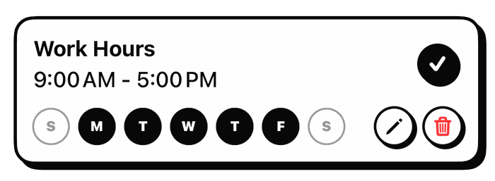 A Barrier schedule card named Work Hours, set from 9:00 AM to 5:00 PM with Monday to Friday selected and Saturday and Sunday greyed out