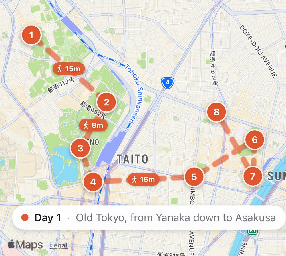 Bilbo's map of a first day in Tokyo: eight numbered stops from Yanaka down to Asakusa, joined by a dashed walking route