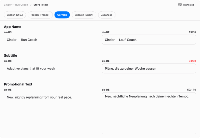 ShipHappens' locales list: an App Store listing translated into several languages