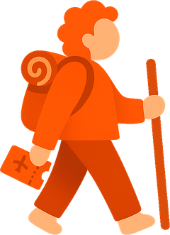 Bilbo's hiker, walking with a backpack, a stick and a boarding pass
